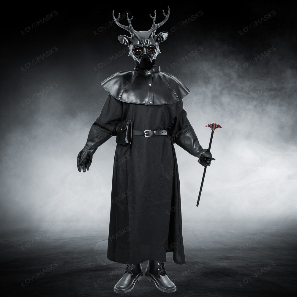 Halloween Black Devil Druid Horned Mask & Plague Doctor Cosplay Outfit Set